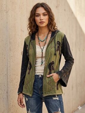 Kathmandu Olive Green & Black Embroidered Birds Hooded Jacket